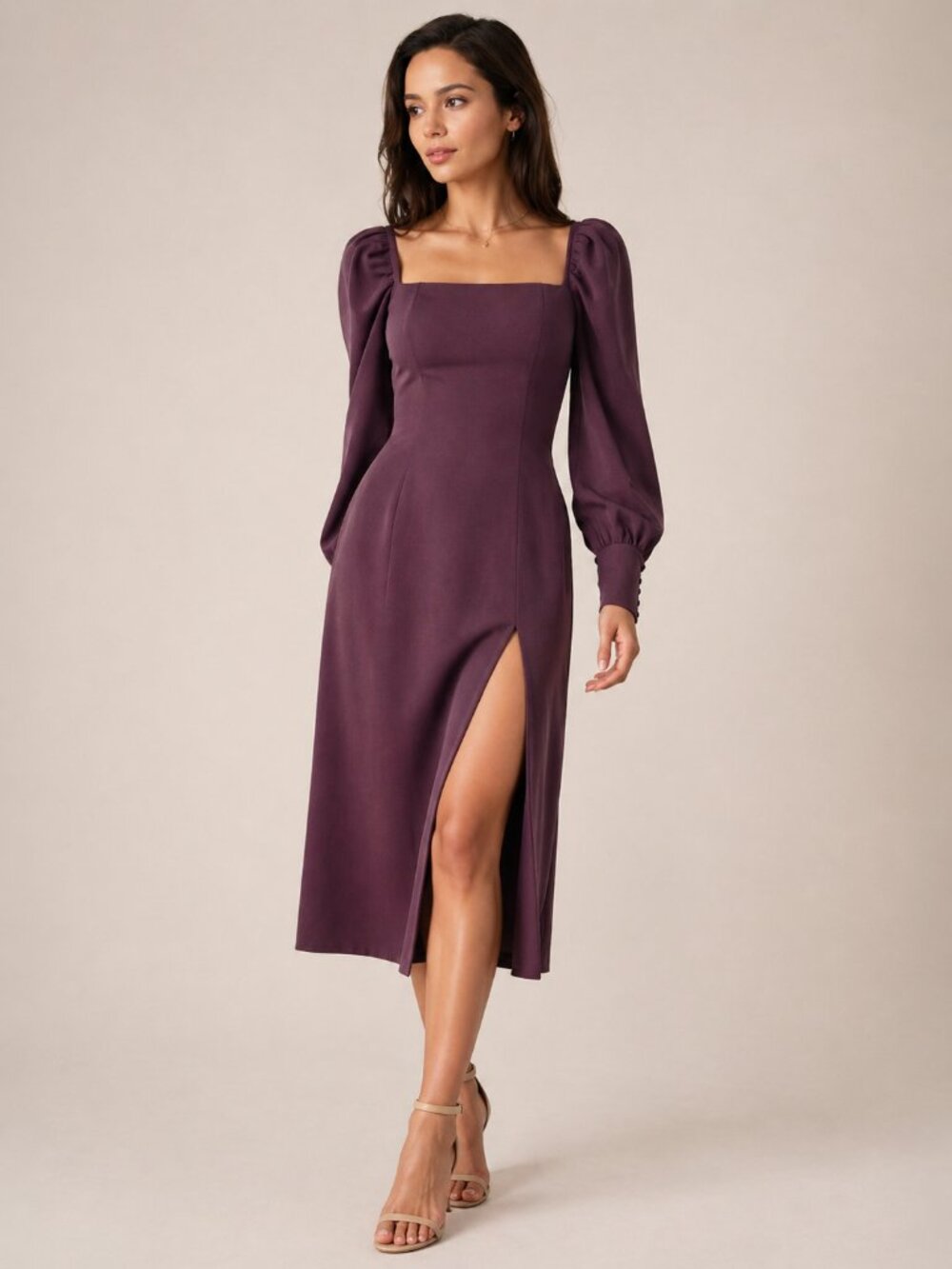 Lichi XS Burgundy Puff Sleeve Dress Square Neck Smocked Back Cottagecore